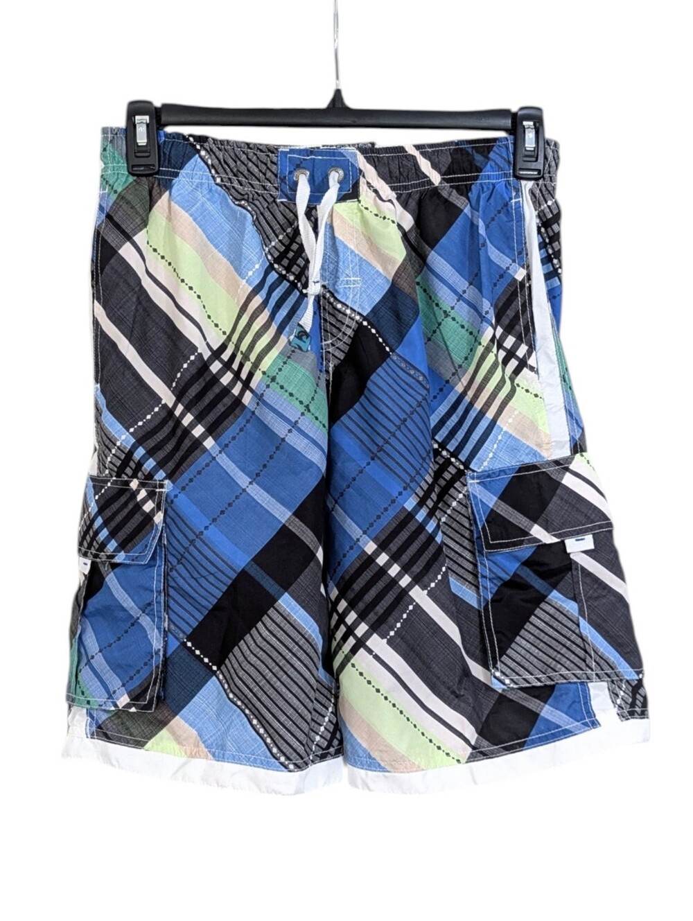 B. Split Blue / Black / White Plaid Swim Trunks - Size Medium Mens - Banana